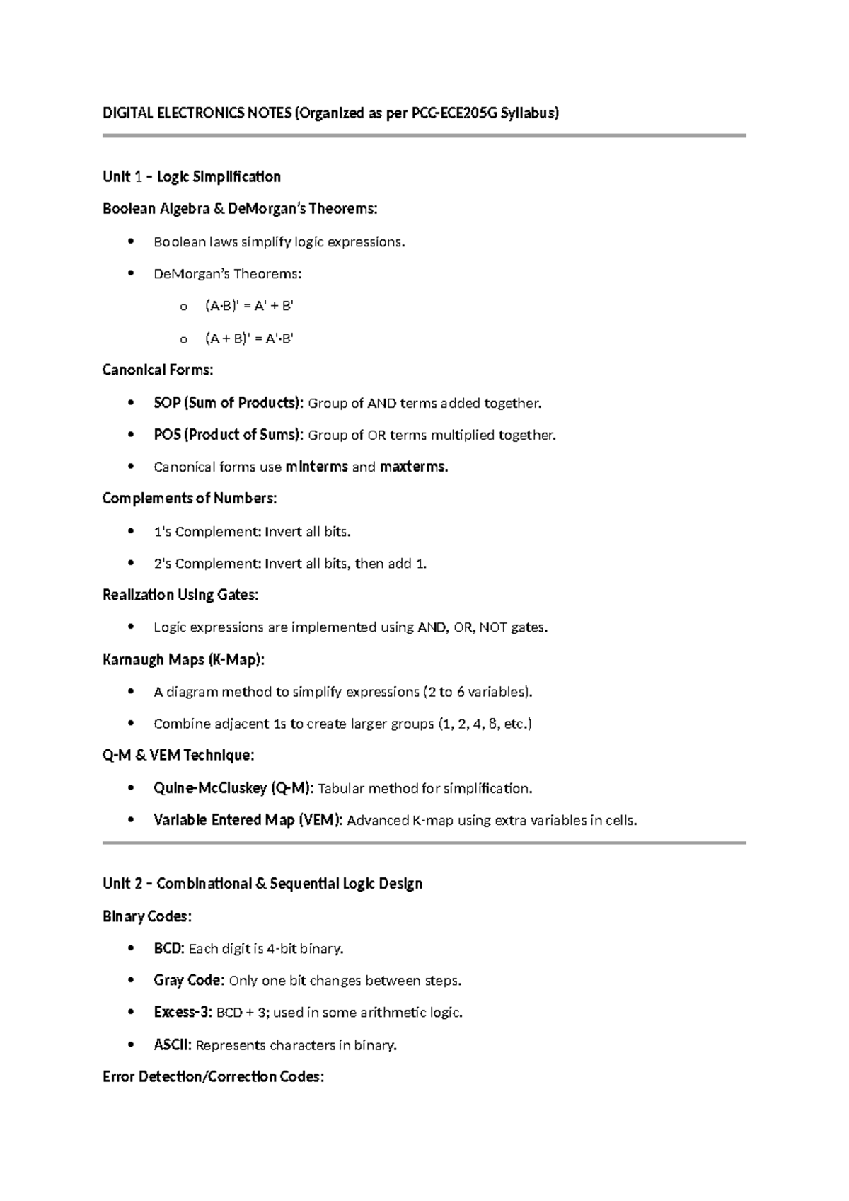 DIGITAL ELECTRONICS NOTES (Course Code: DE101) - Unit 1 to 3 Overview ...