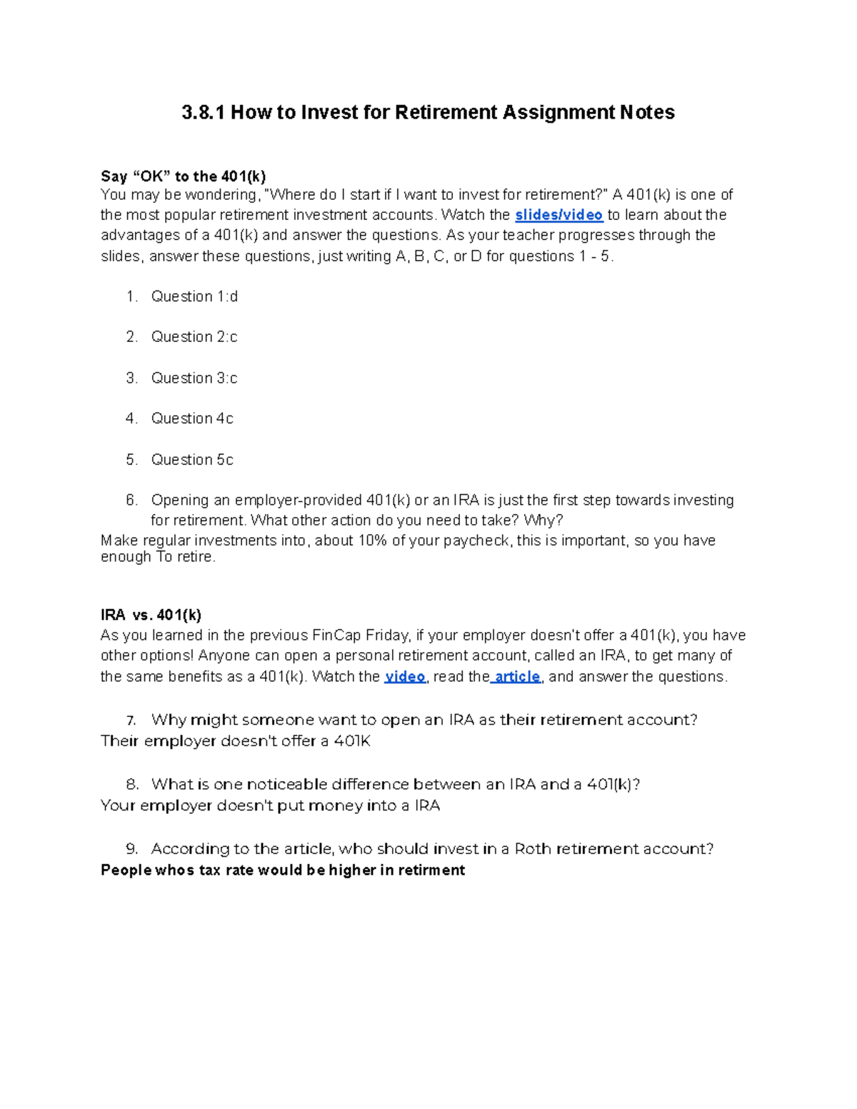 3.8.1 Retirement Investment Strategies: 401(k) & IRA Notes - Studocu