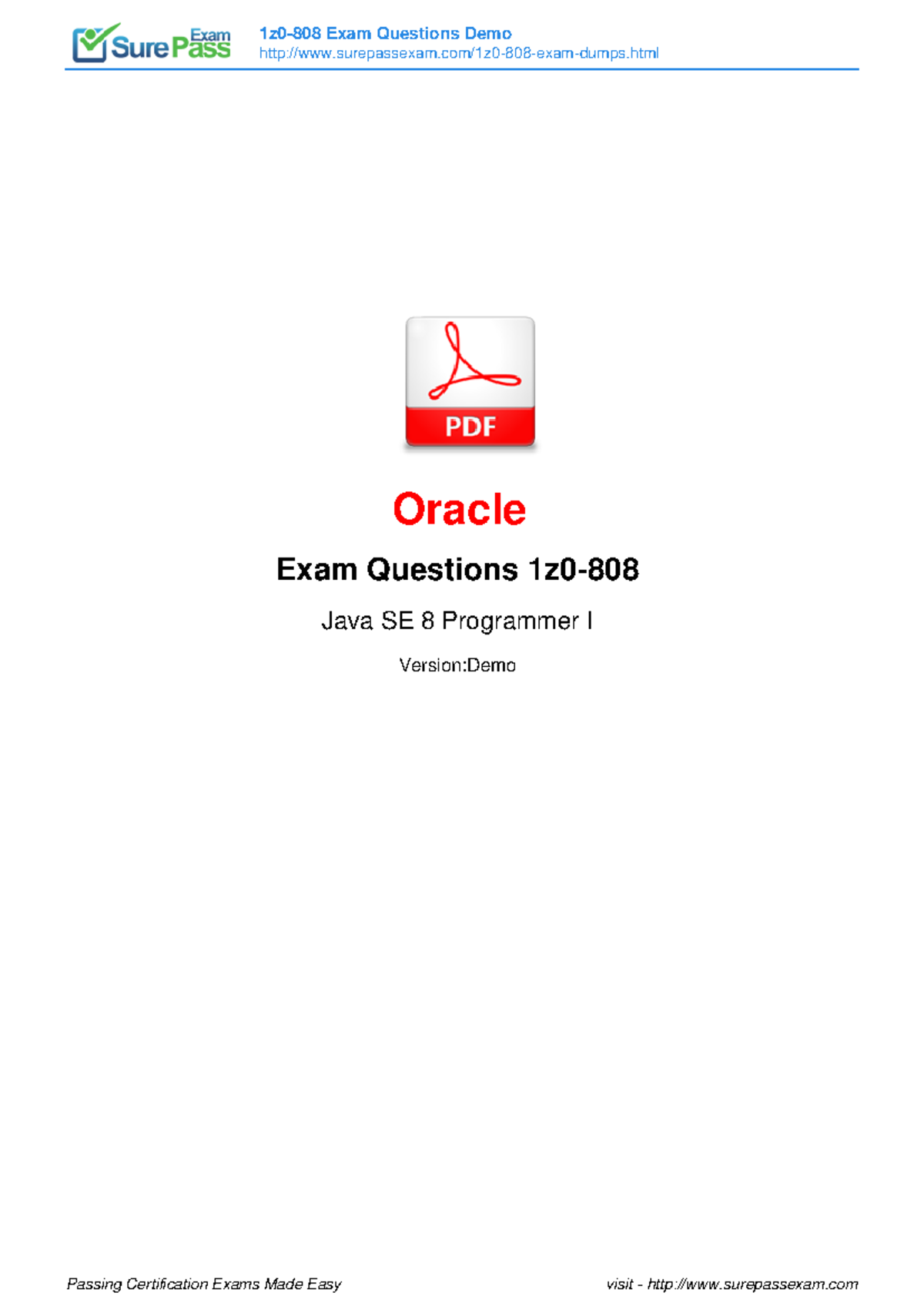 Java SE 8 Programmer I Exam Questions - 1Z0-808 Practice Guide - Studocu