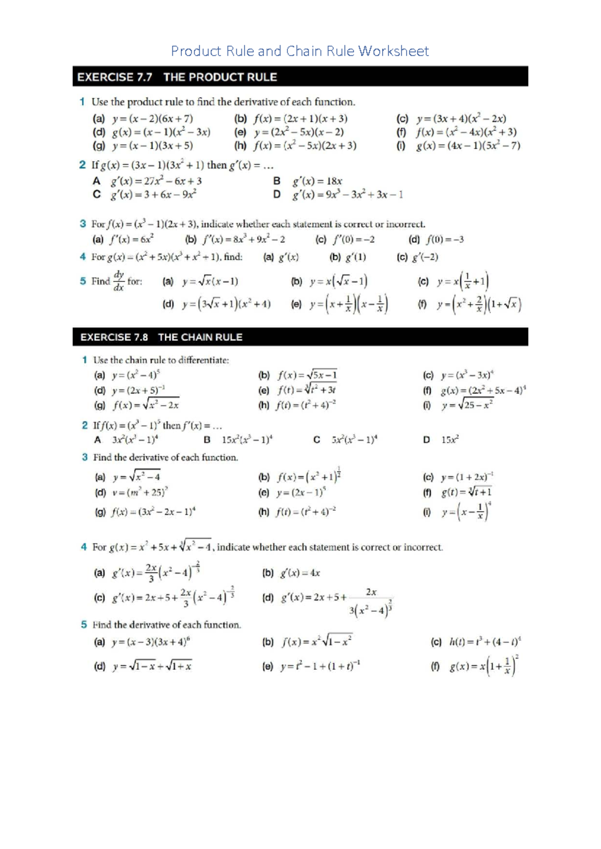 Product Rule and Chain Rule Worksheet (EXERCISE 7.7 & 7.8) - Studocu