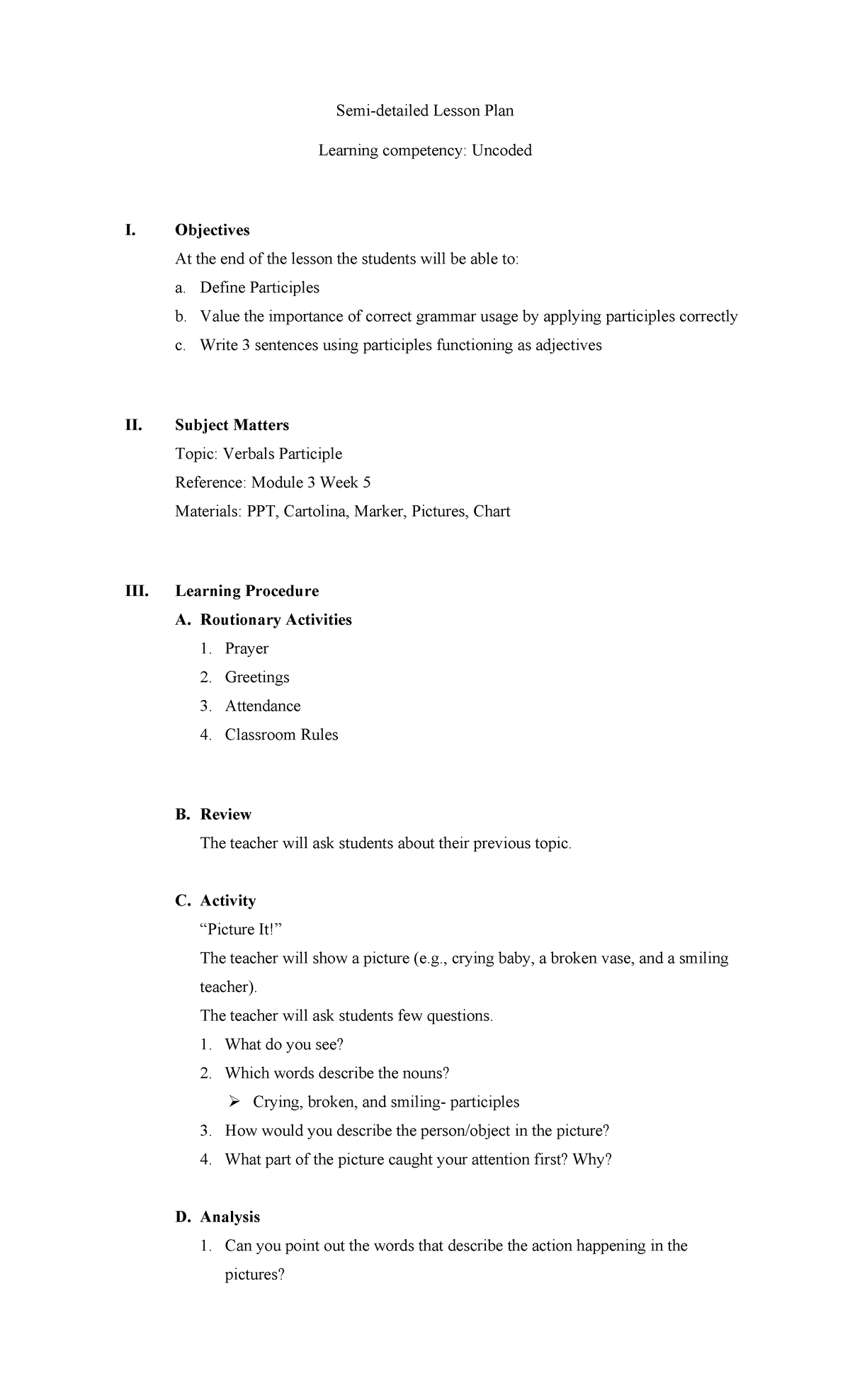 Lesson Plan: Understanding Verbal Participles (Uncoded) - Studocu