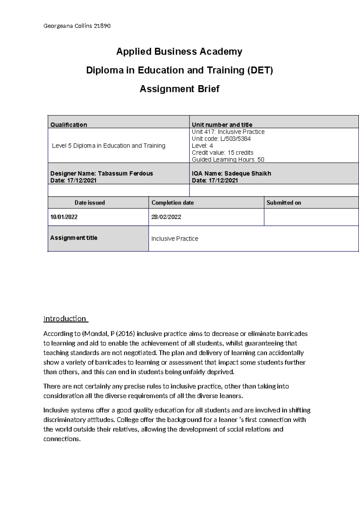 Inclusive Practice Overview - Level 5 Diploma DET Unit 417 - Studocu