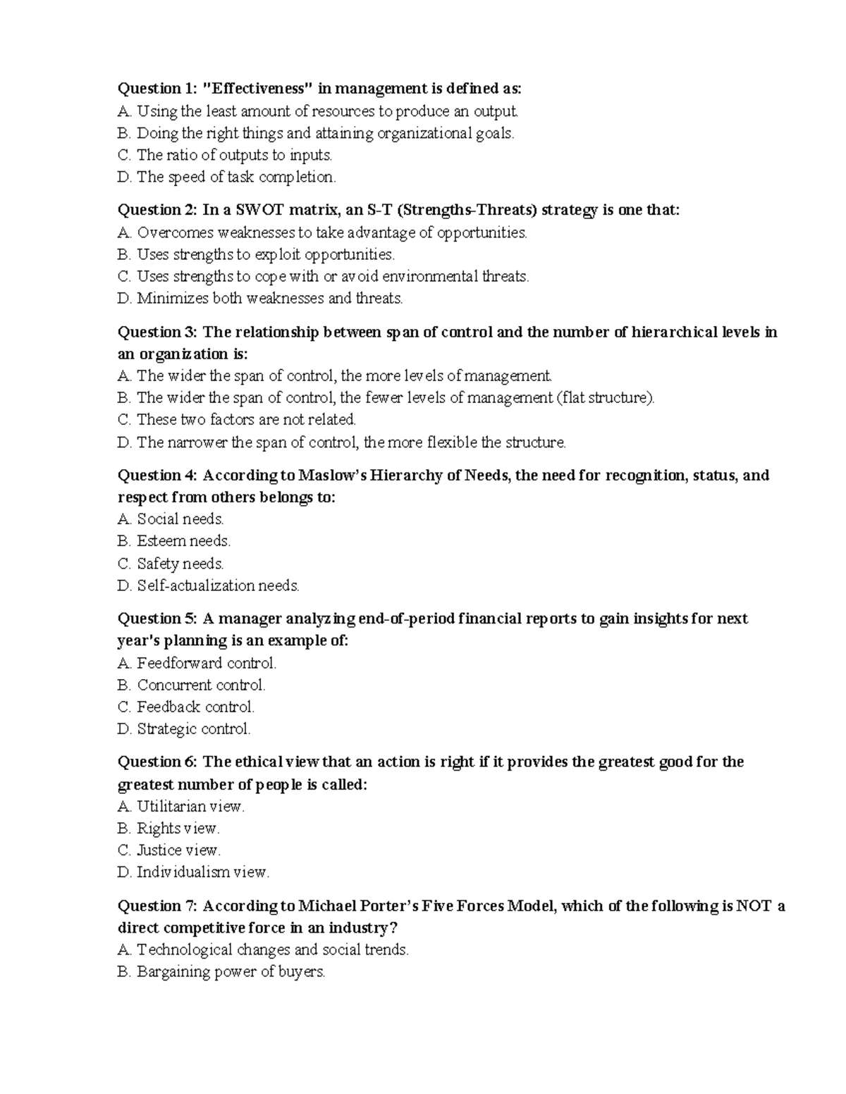 Management Questions: Key Concepts and Theories (MGT 101) - Studocu