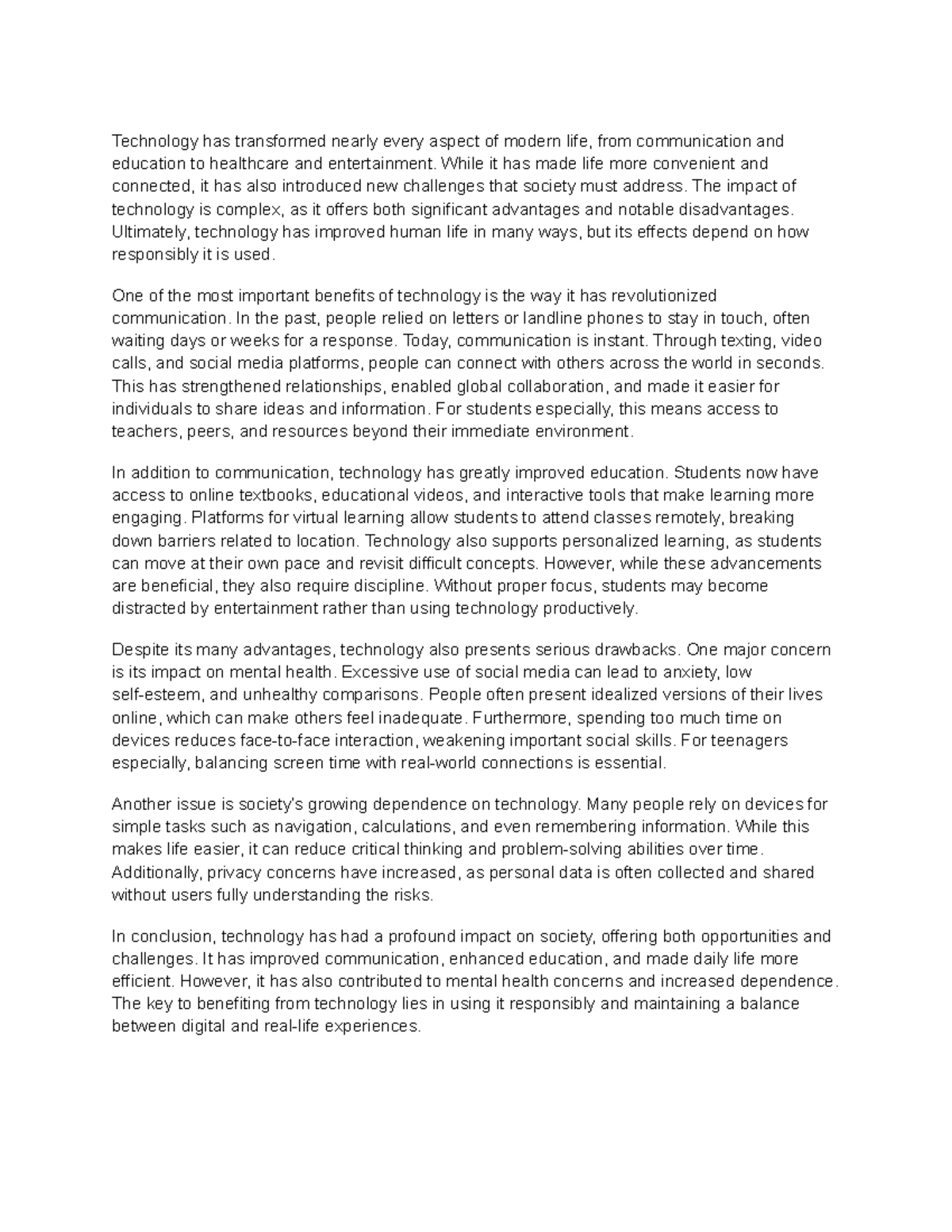 Tech Essay #1: The Dual Impact of Technology on Society - Studocu