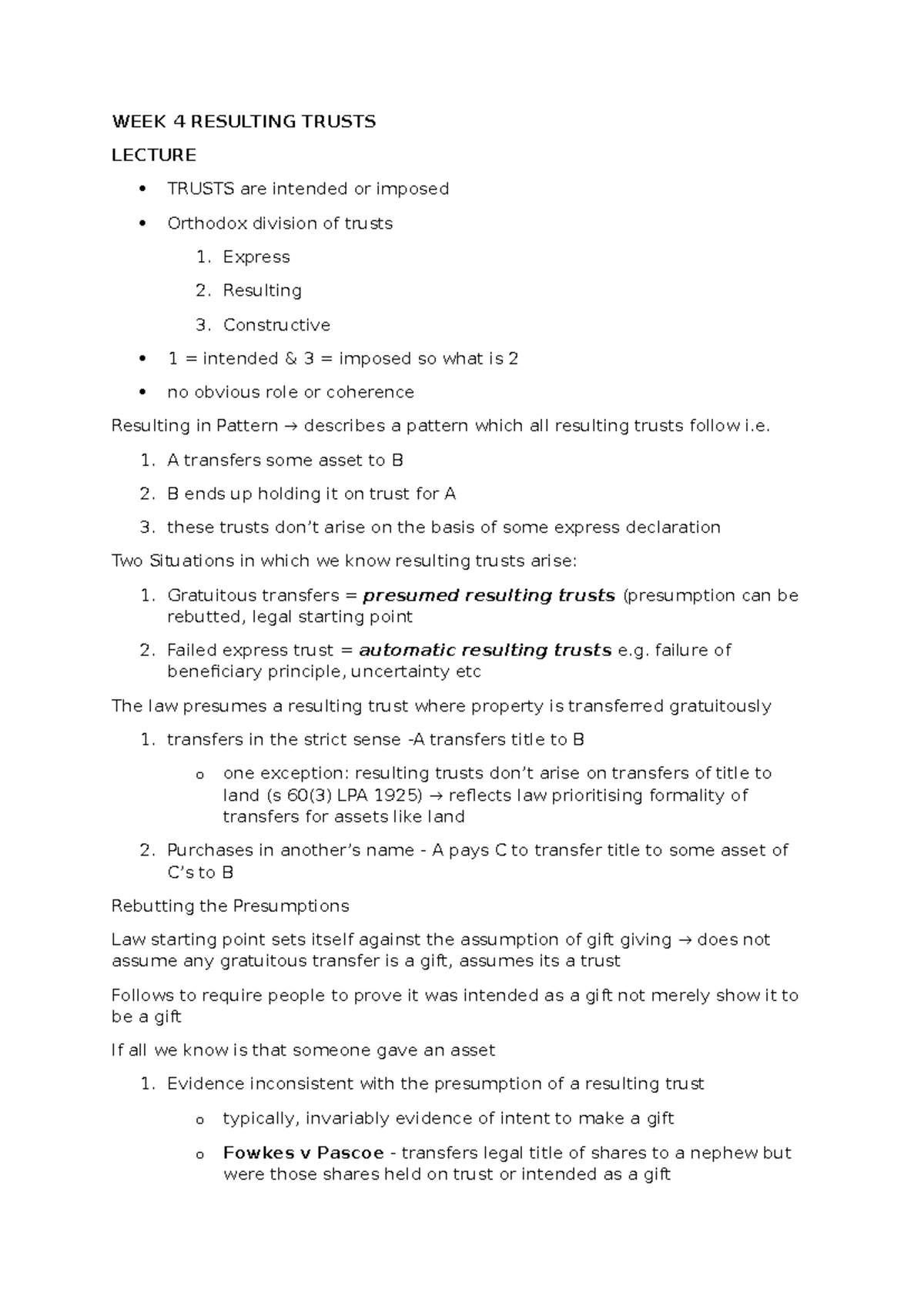 Property Resulting Trusts Lecture Notes (WEEK 4) - Studocu