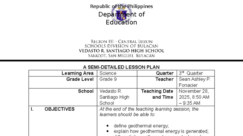Grade 9 Science Lesson Plan: Geothermal Energy (7E SDLP) - Studocu