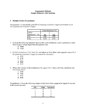 Sample Midterm 1 - Econometric Methods with Detailed Solutions - Studocu