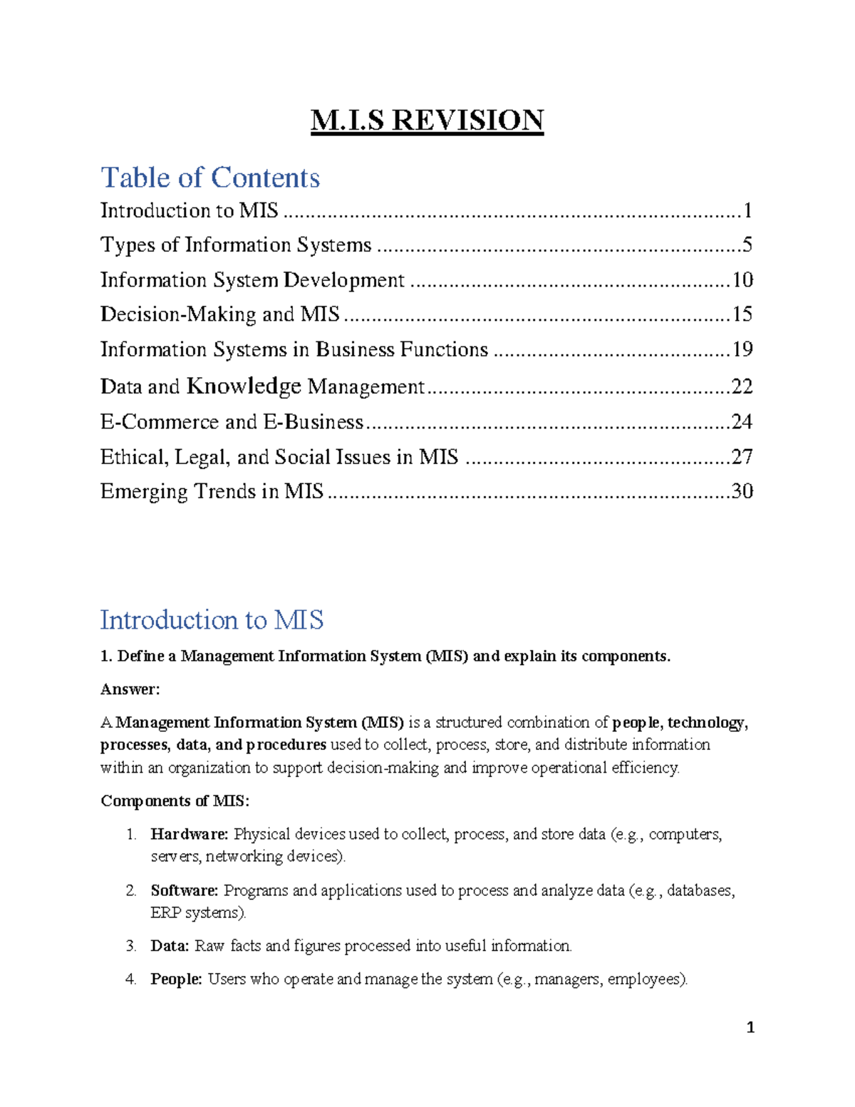 M.I.S Final Exam Revision Notes and Insights for Effective Decision ...