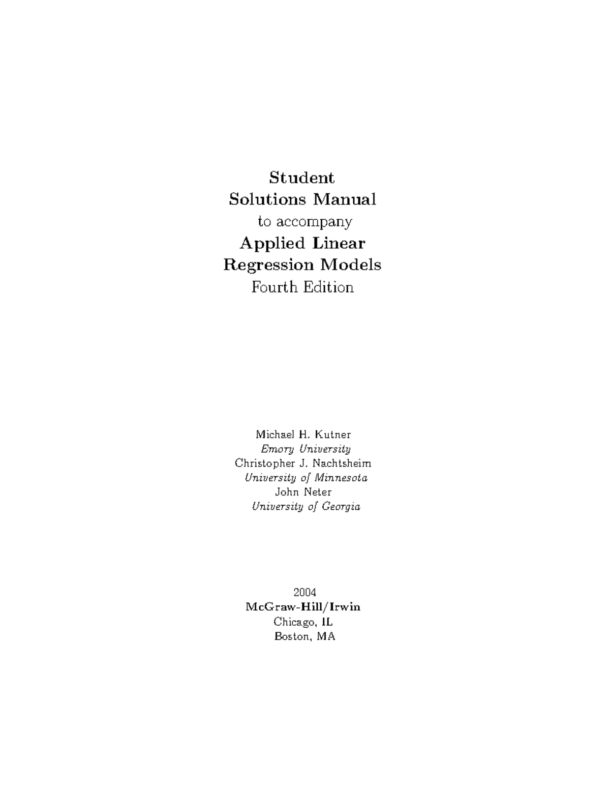 Student Solutions Manual for Applied Linear Regression Models (4th Ed ...