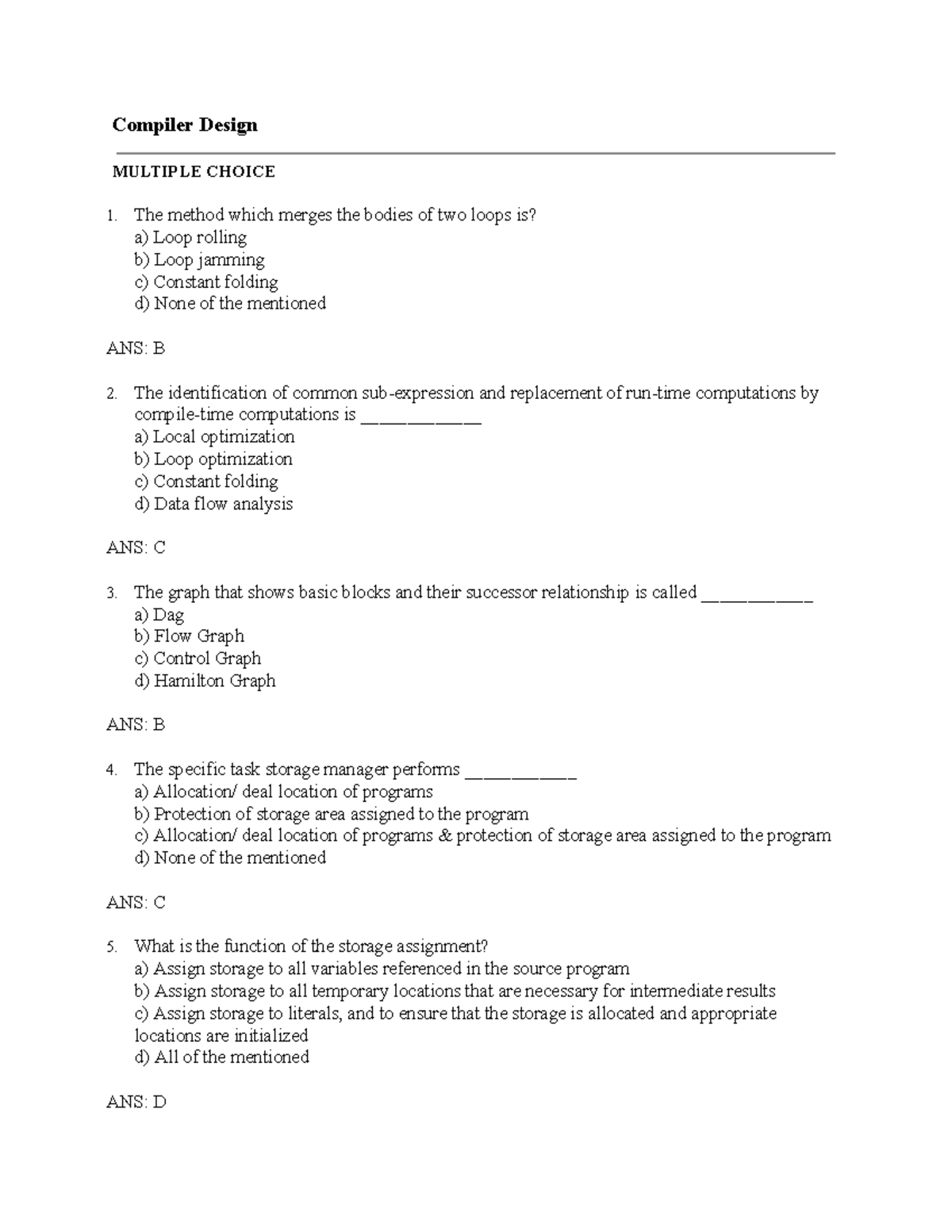 Compiler Design Quiz 2 - Multiple Choice Questions - Studocu