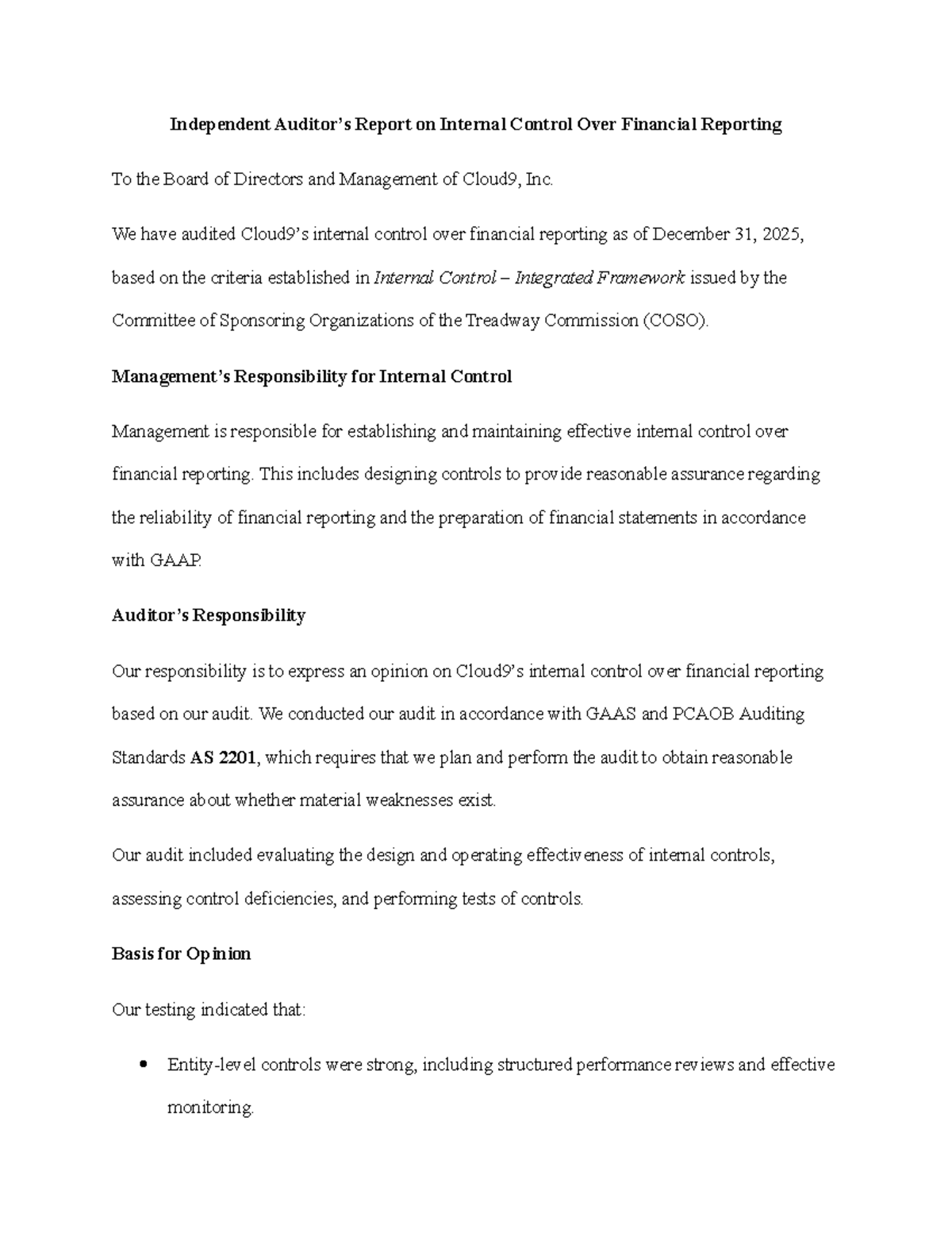 Internal Control Audit Report for Cloud9, Inc. (2025) - Studocu
