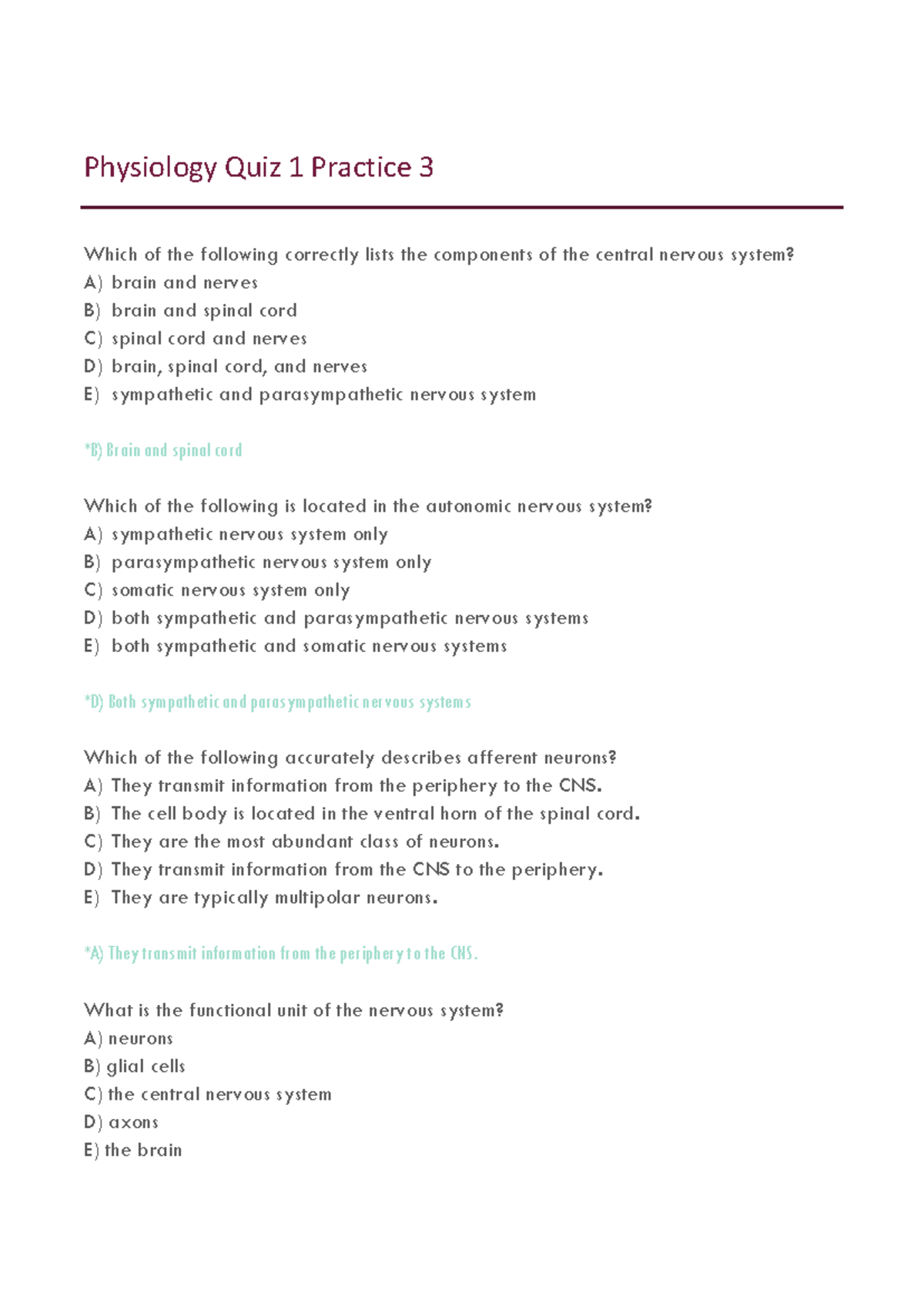 Physiology Quiz 1 Practice Questions and Answers (Review) - Studocu