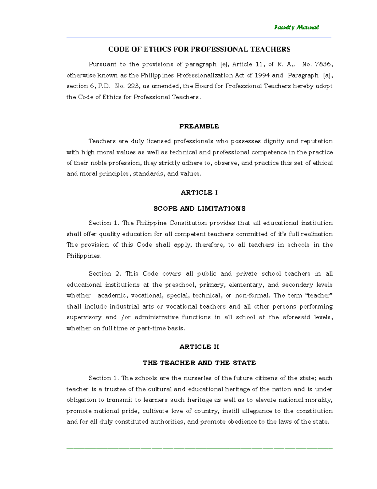 Faculty Manual: Code of Ethics for Professional Teachers - Studocu