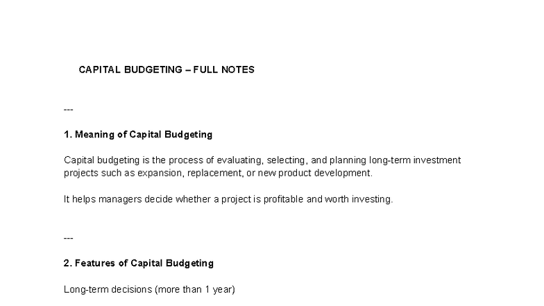 📘 Capital Budgeting (FIN 301) – Comprehensive Study Notes - Studocu