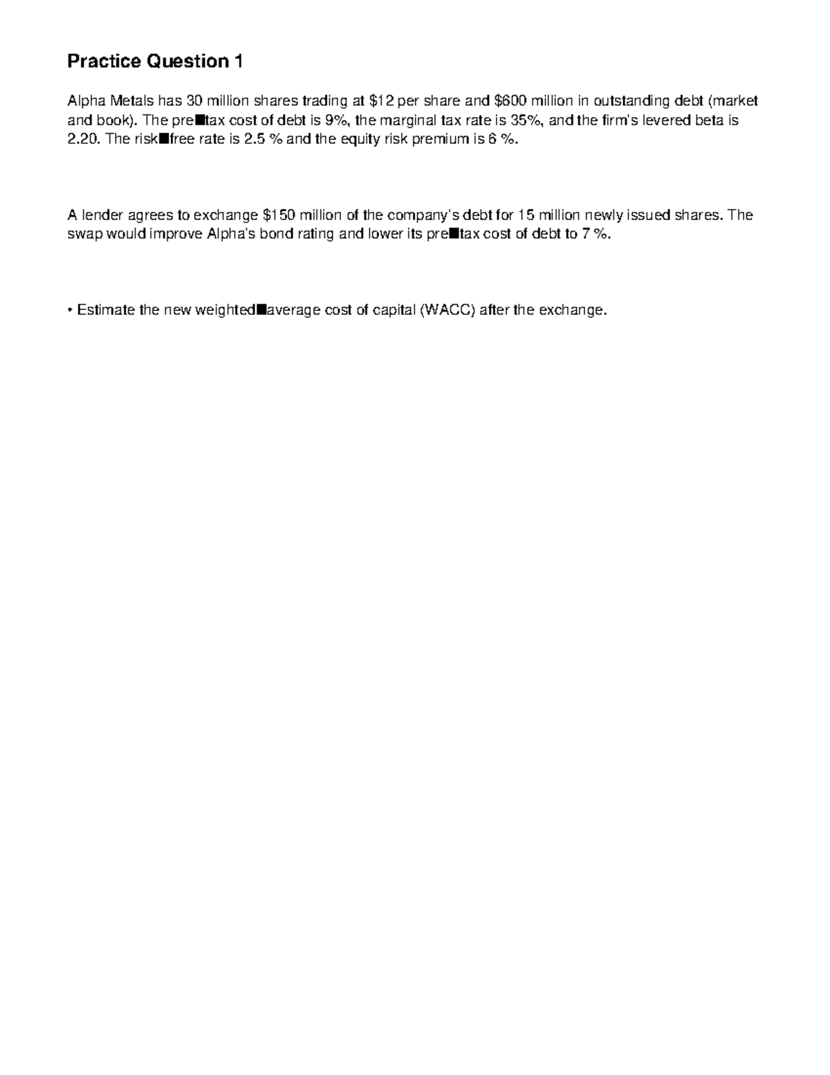 WACC Swap Practice Questions for Finance Course (FIN 301) - Studocu