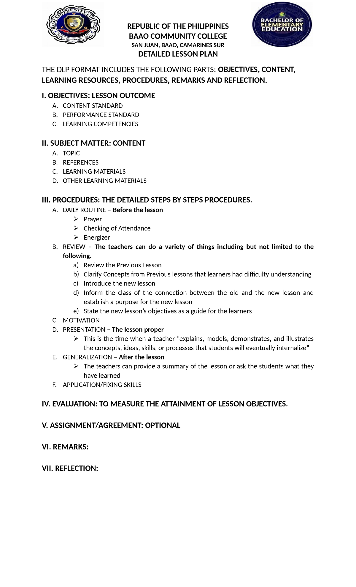 Detailed Lesson Plan (DLP) Format: Objectives, Content, Procedures ...