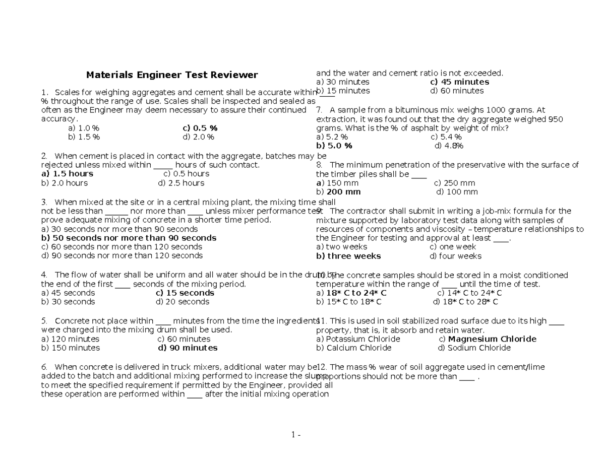 Materials Engineer Test Review 1: Key Concepts and Questions - Studocu