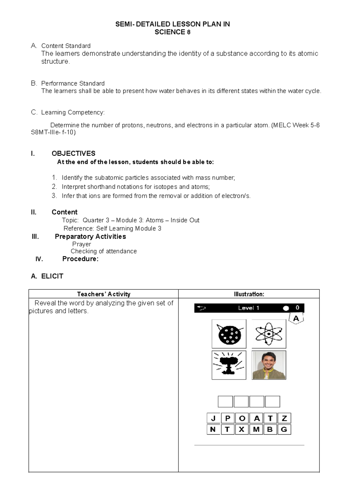 COT LP Atoms - SEMI- DETAILED LESSON PLAN IN SCIENCE 8 A. Content ...