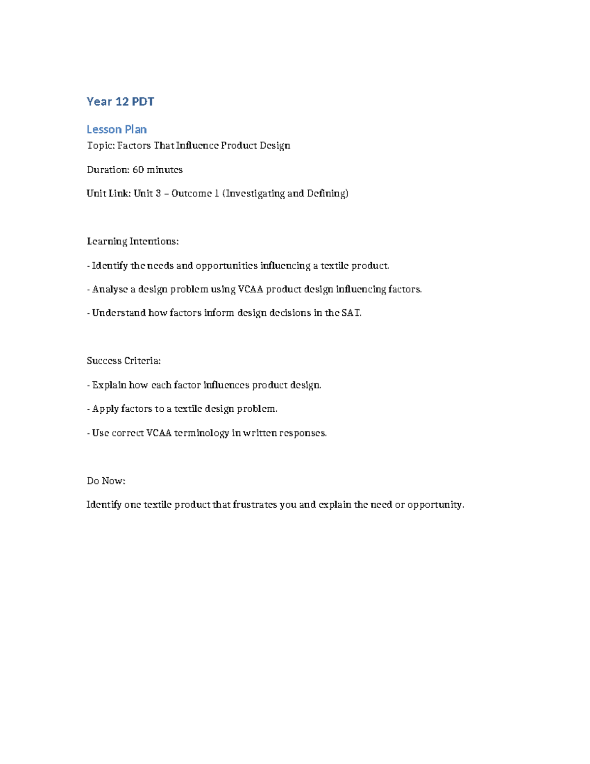 Year 12 PDT Lesson Plan: Factors Influencing Product Design - Studocu