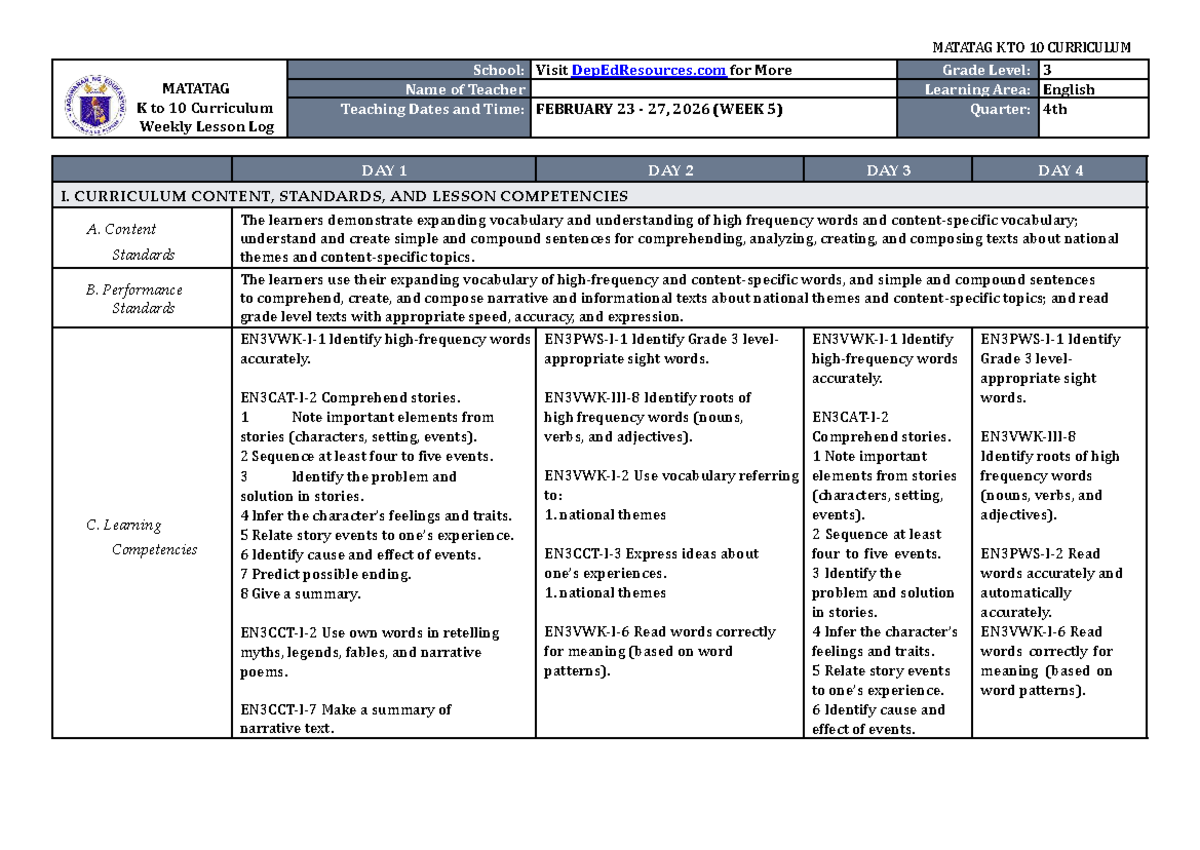 DTC DLL Matatag English 3 Q4 Week 5 Lesson Log - Studocu