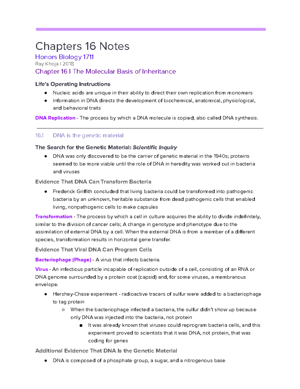 Chapter 16 Notes: The Molecular Basis of Inheritance (Honors Bio 1711 ...