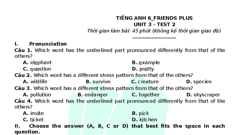 Tiếng Anh 6 - Friends Plus: Unit 3 Test 2 (45 mins) - Studocu