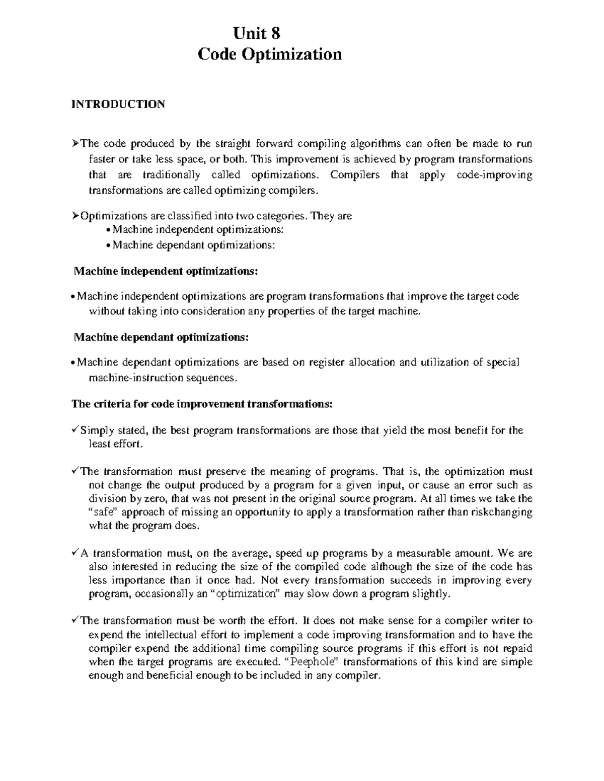 Unit-8 - INTRODUCTION Unit 8 Code Optimization The code produced by the ...