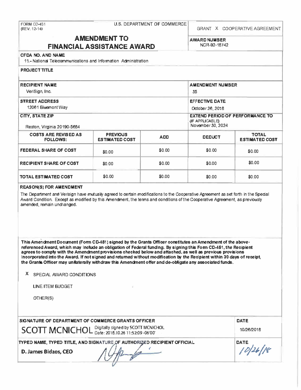 Amendment 35 to Financial Assistance Award Grant - VeriSign, Inc. - Studocu