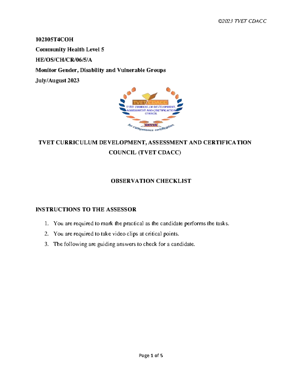 TVET CDACC 102105T4COH Community Health Level 5 Assessment Checklist ...