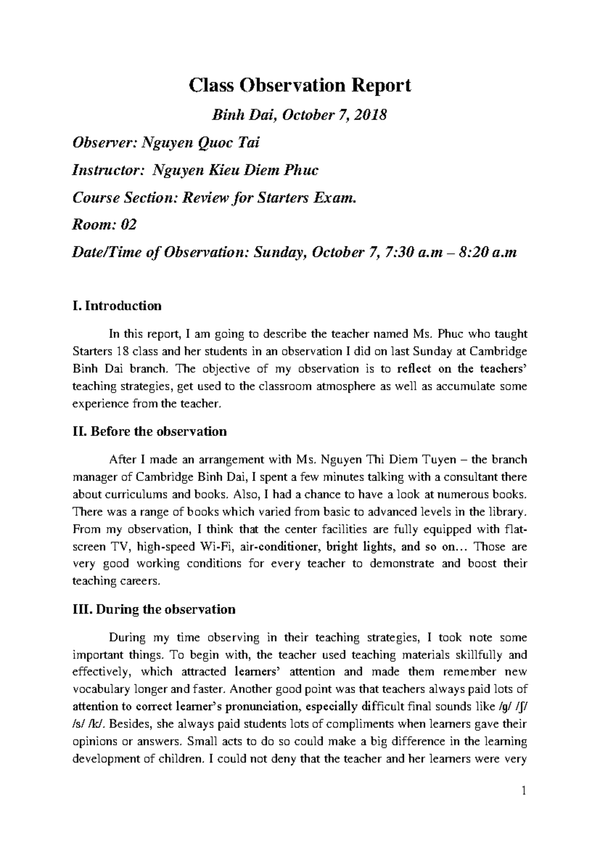 Class Observation Report - 1 Class Observation Report Binh Dai, October ...