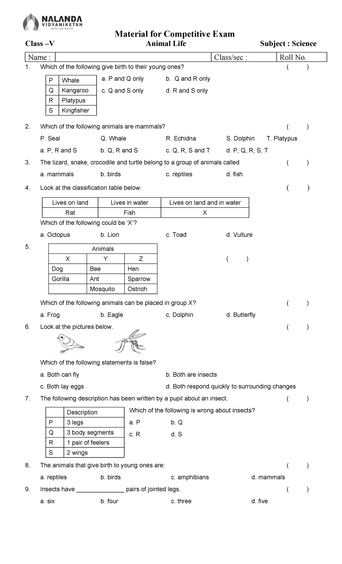 5 Science CEM (Animal Life) Competitive Exam Material - Studocu