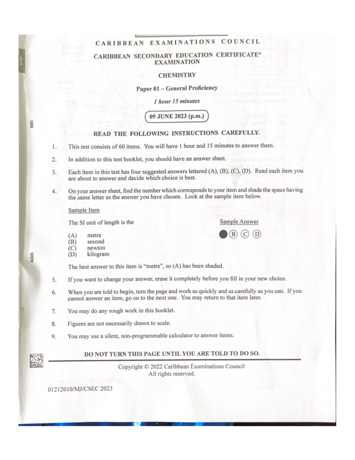CSEC 3059 Chemistry Paper 01 General Proficiency Exam 2023 - Studocu
