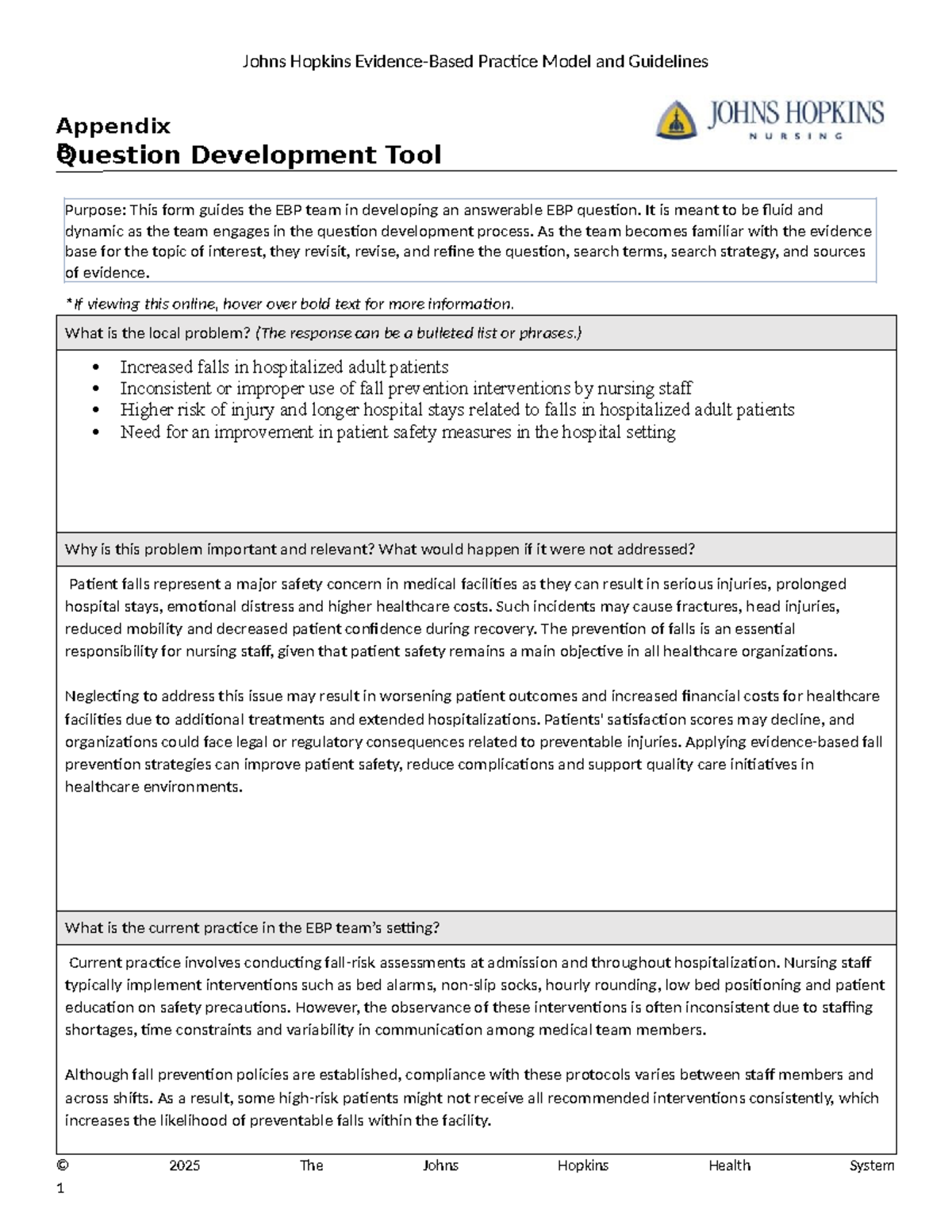 Johns Hopkins EBP Appendix B: Fall Prevention Question Development Tool ...