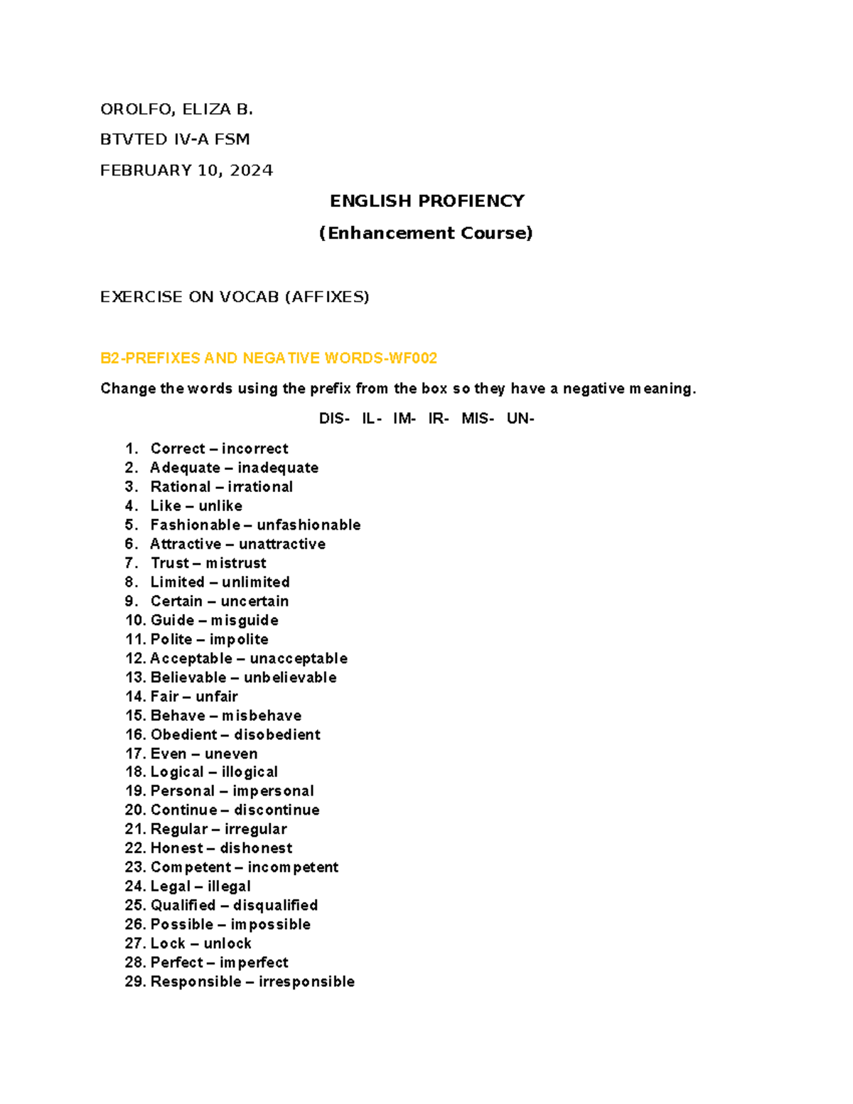 English Proficiency B2 Exercise on Vocabulary and Word Formation - Studocu