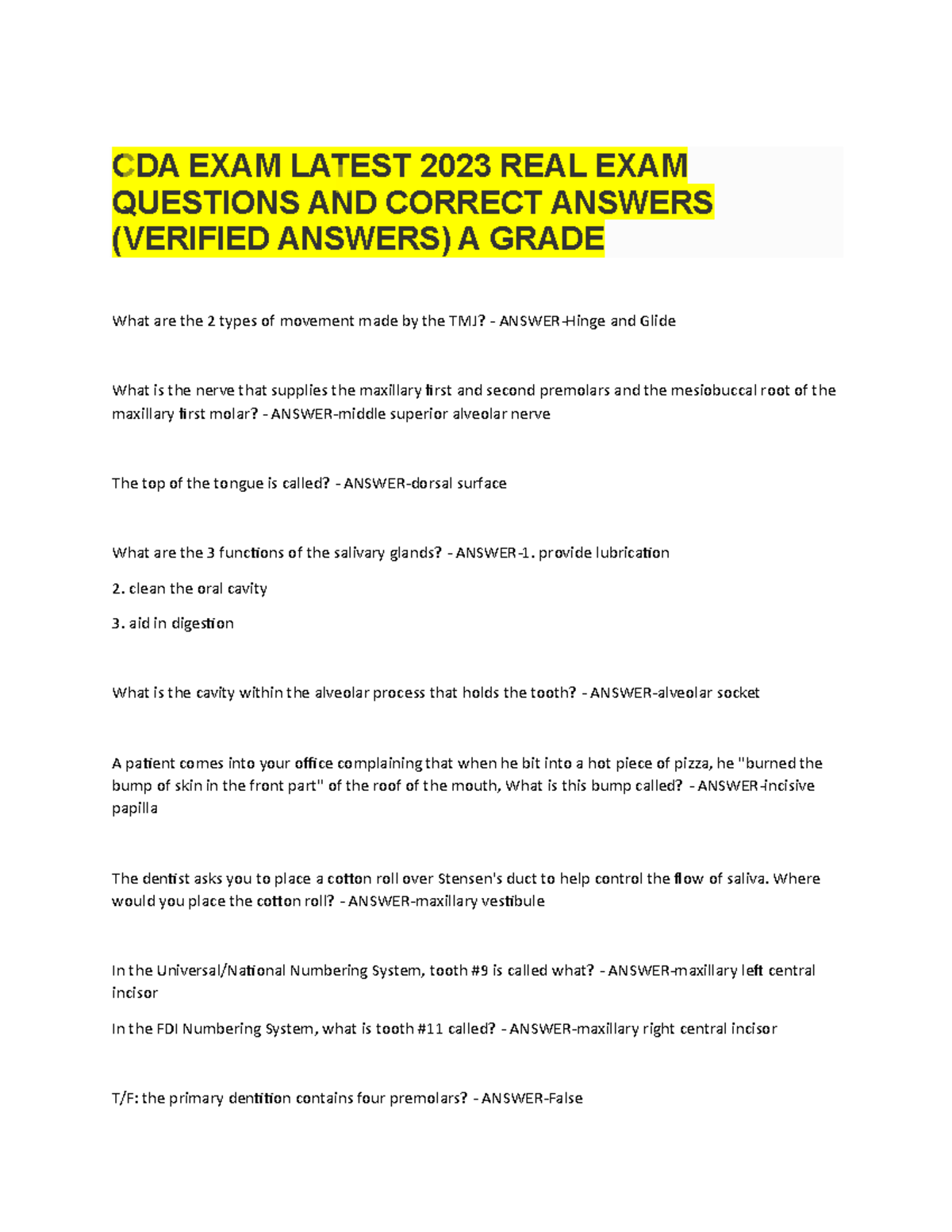 CDA EXAM LATEST 2023 REAL EXAM QUESTIONS AND CORRECT ANSWERS