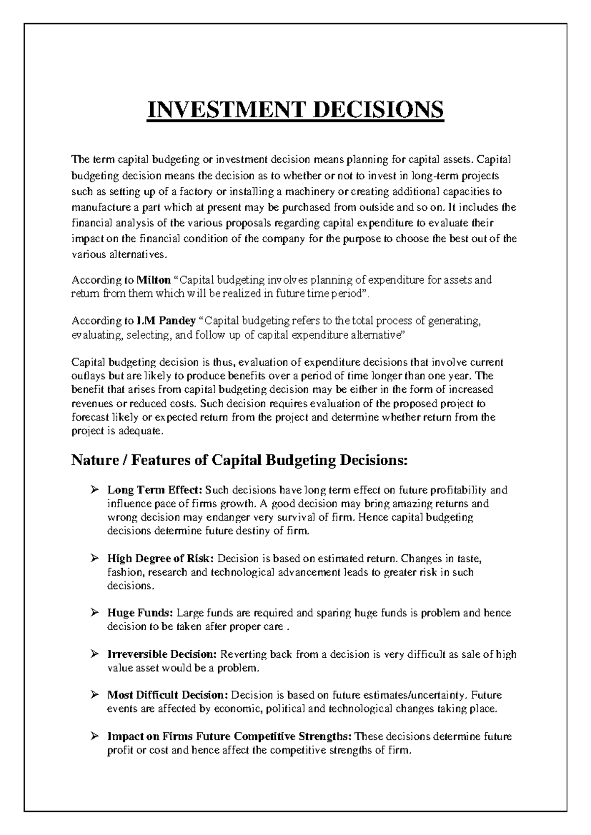 Investment Decisions - Lecture Notes on Capital Budgeting Techniques ...