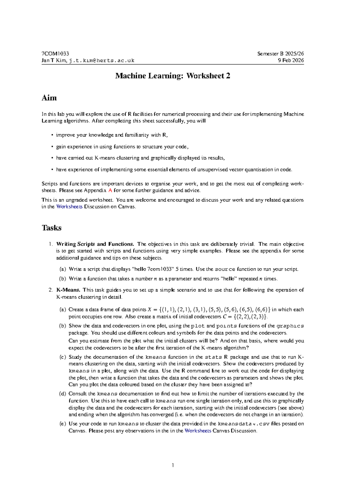 7COM1033 Machine Learning Lab 2: R Functions & Clustering Techniques ...