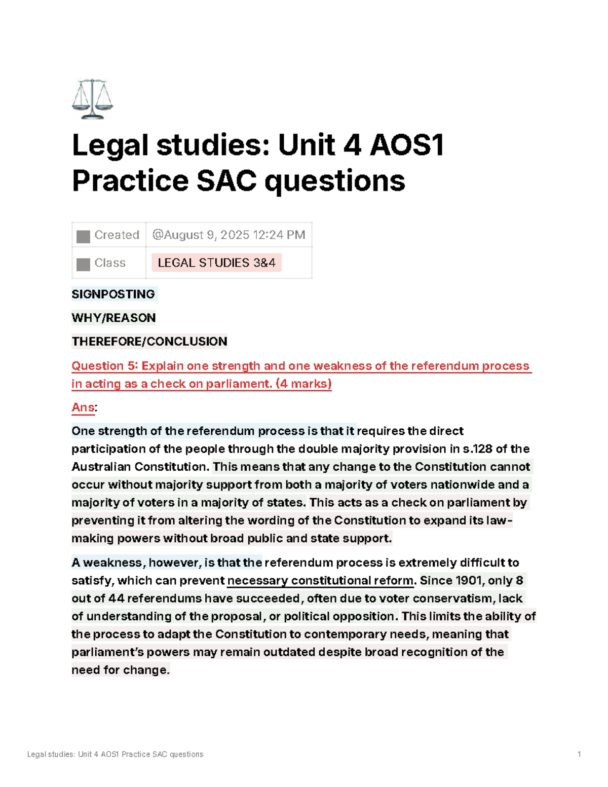 Legal Studies: Unit 4 AOS1 Practice SAC Questions and Analysis - Studocu