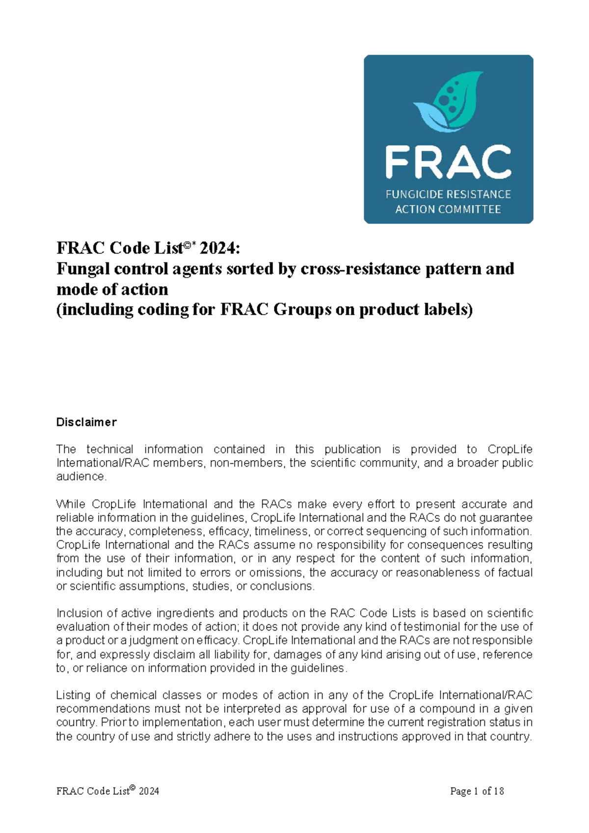 FRAC Code 2024: Fungal Control Agents - Modes of Action & Patterns ...