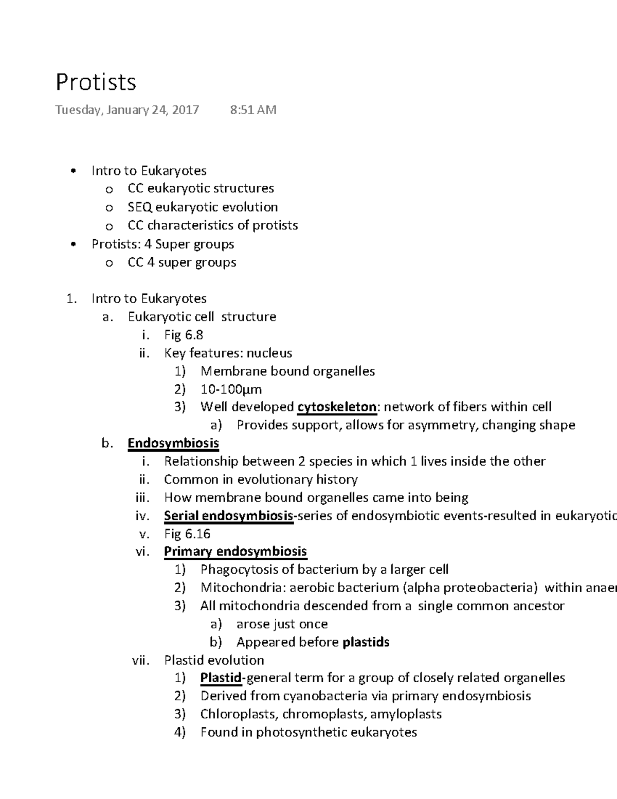 Protists - Lecture notes 3 - Protists Tuesday, January 24, 2017 8:51 AM ...