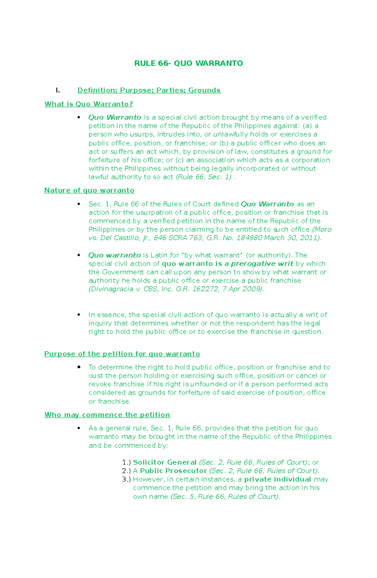 RULE 66: Detailed Notes on Quo Warranto Proceedings - Studocu