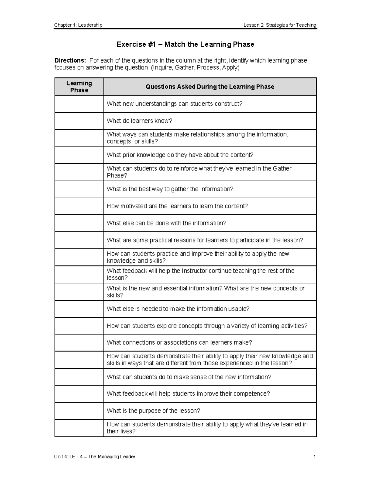 Strategies For teaching Exercise 1 - Match the Learning Phase - Chapter ...