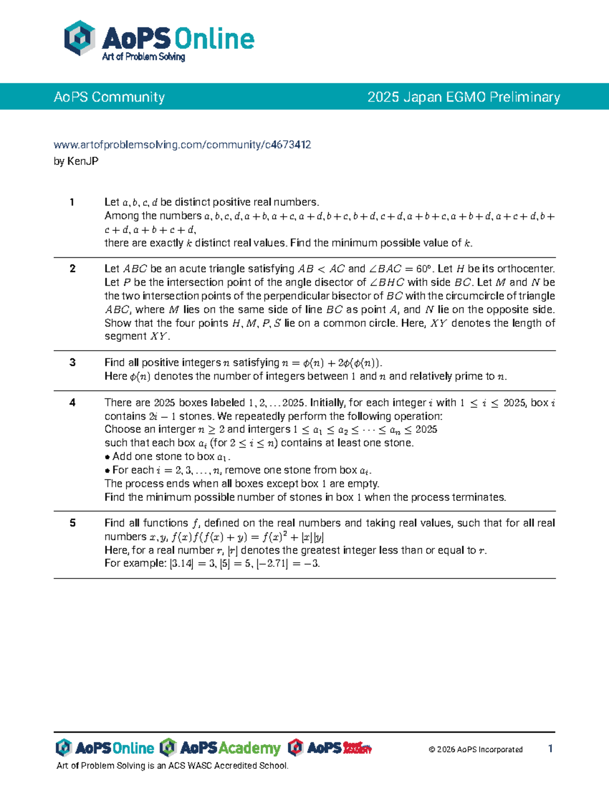 AoPS Community 2025 Japan EGMO Preliminary Problem Set - Studocu