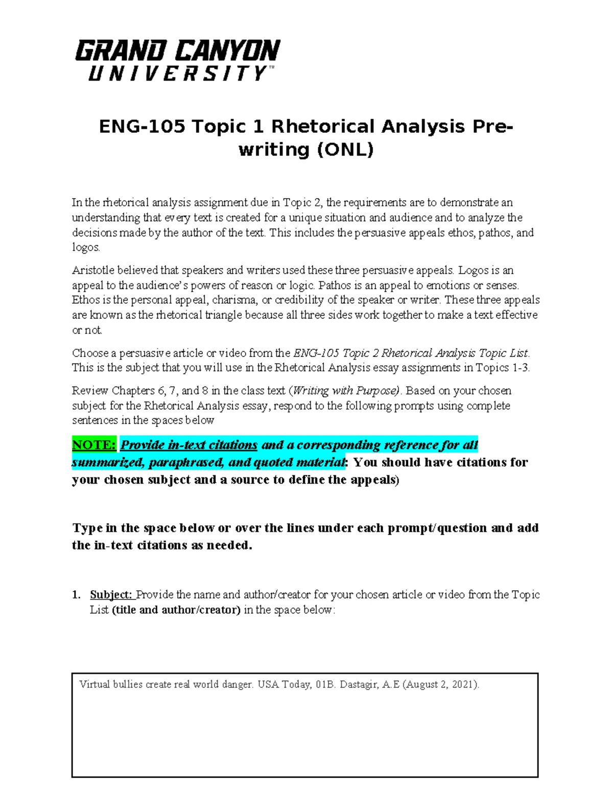 ENG-105 Topic 1 Rhetorical Analysis Pre-Writing Guide (ONL