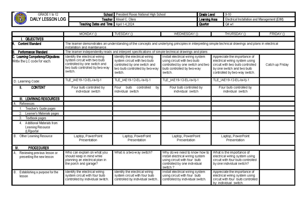 EIM Q4 W1 Daily Lesson Log for Electrical Installation - Studocu