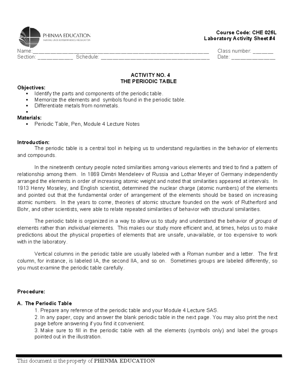 CHE 026L LAS Mod 4 The Periodic Table - Laboratory Activity Sheet ...