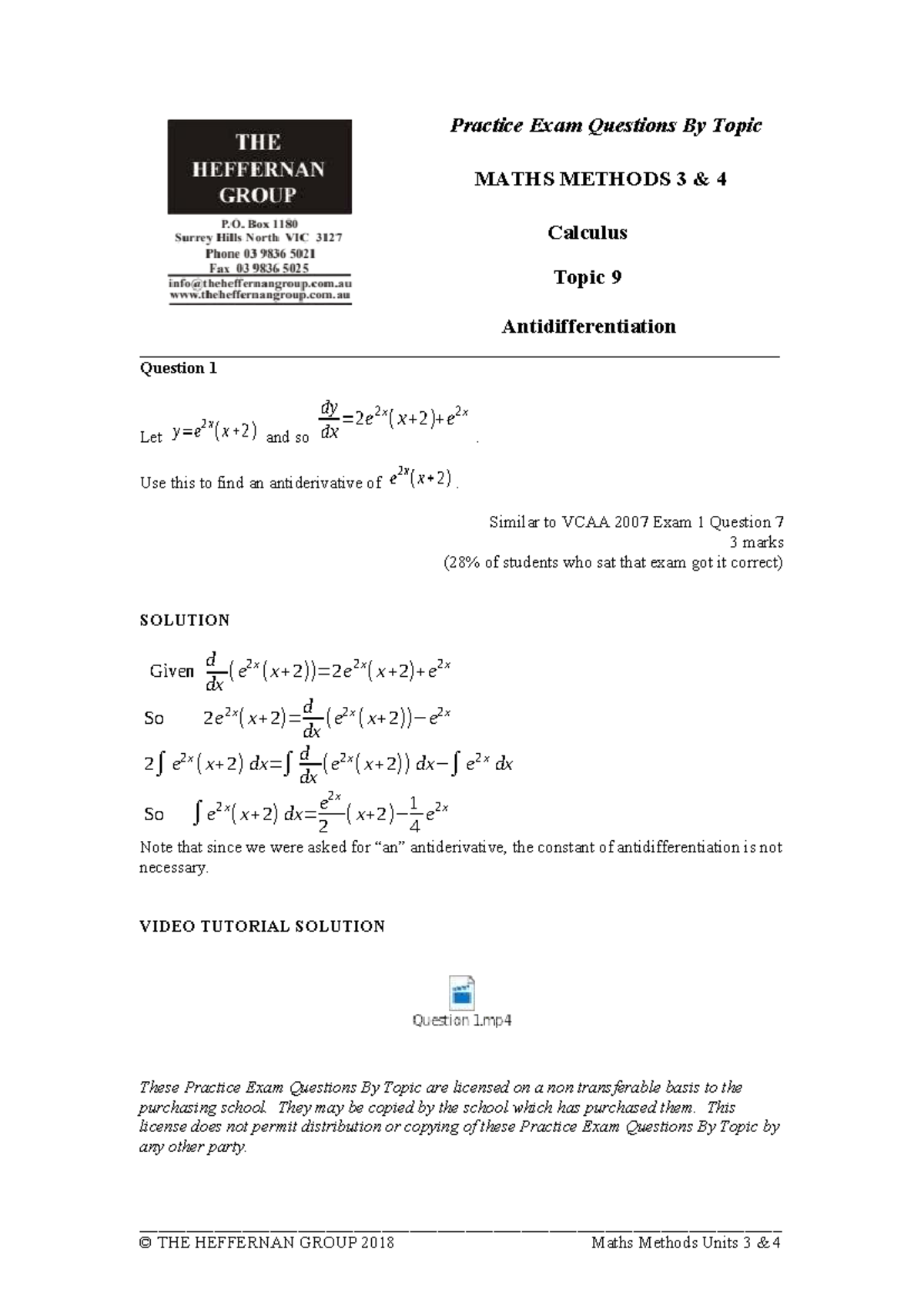 Practice Exam Questions: MATHS METHODS 3 4 - Antidifferentiation - Studocu