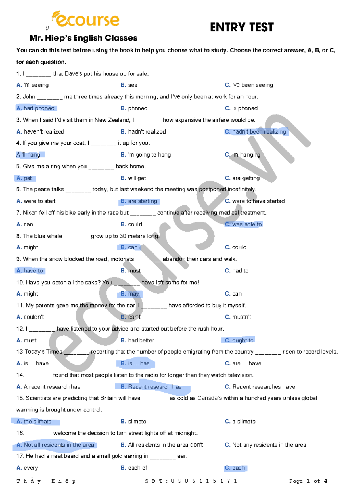 Entry Test IELTS - Aloha: Practice Questions and Answers - Studocu