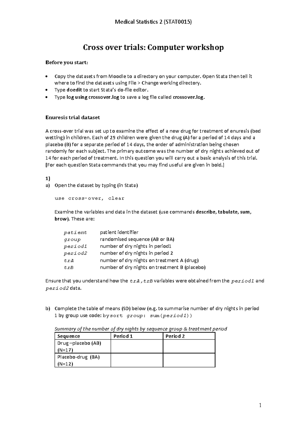 Cross Over Trials Analysis: Medical Statistics 2 (STAT0015) Workshop ...
