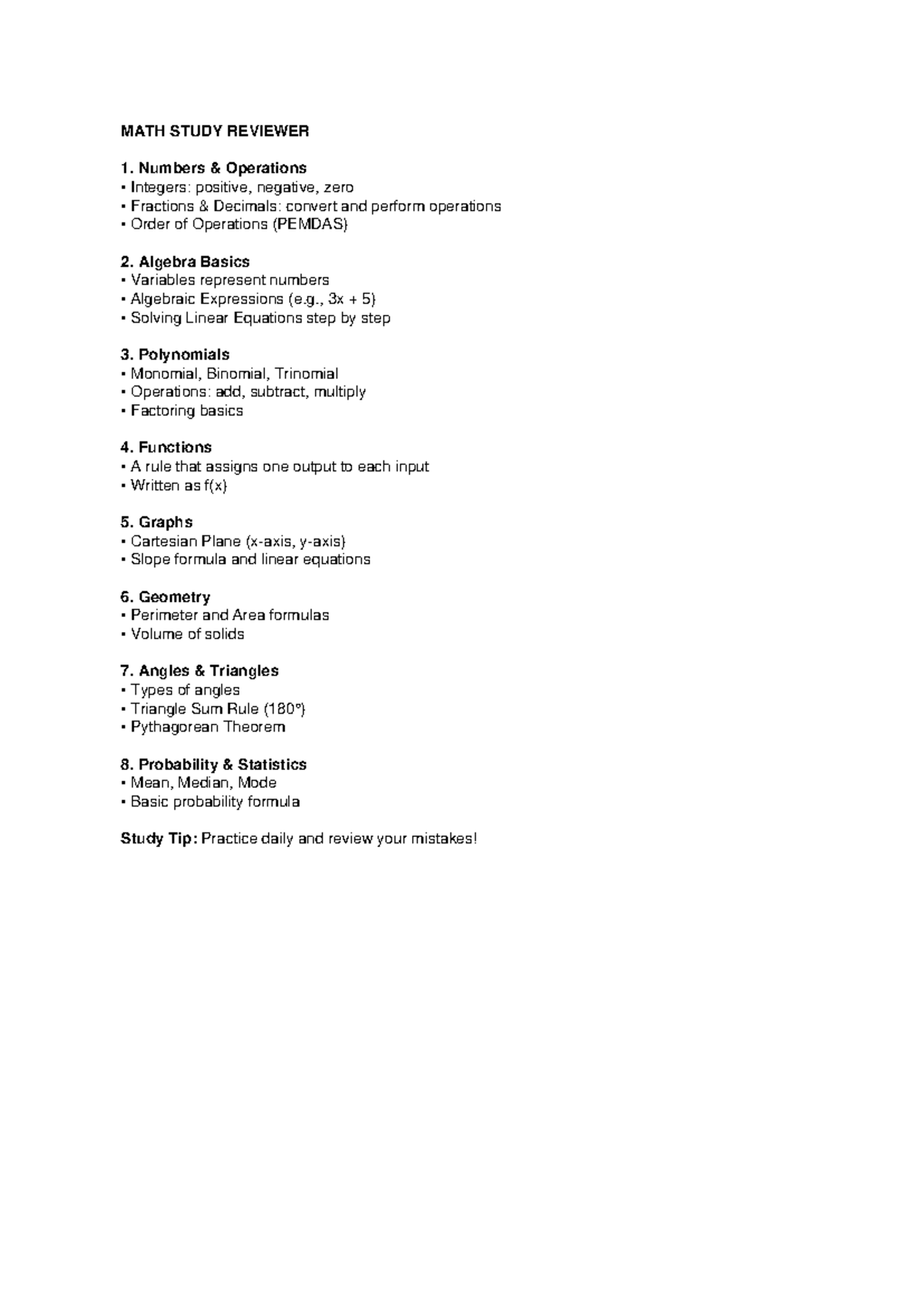 MATH 101: Comprehensive Study Reviewer for Key Concepts - Studocu